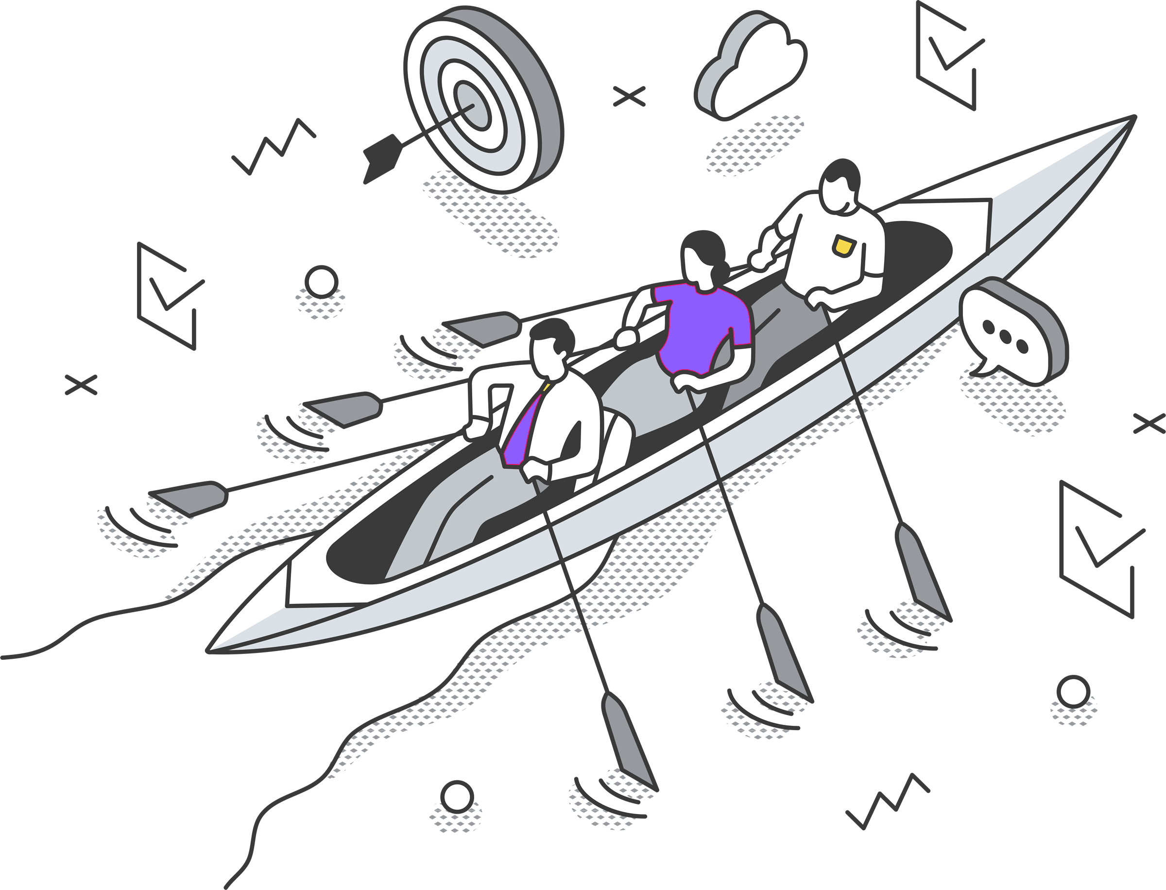 A team rowing in sync toward one shared goal